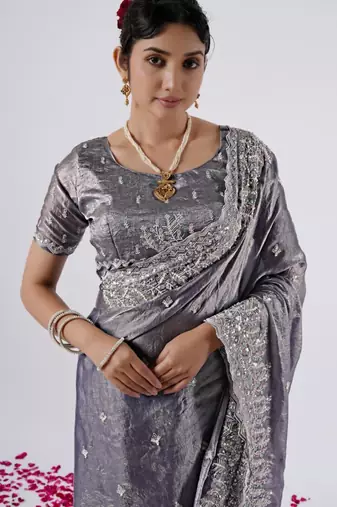 New collection grey hevay sequin and stone border satin saree with unstitched blouse