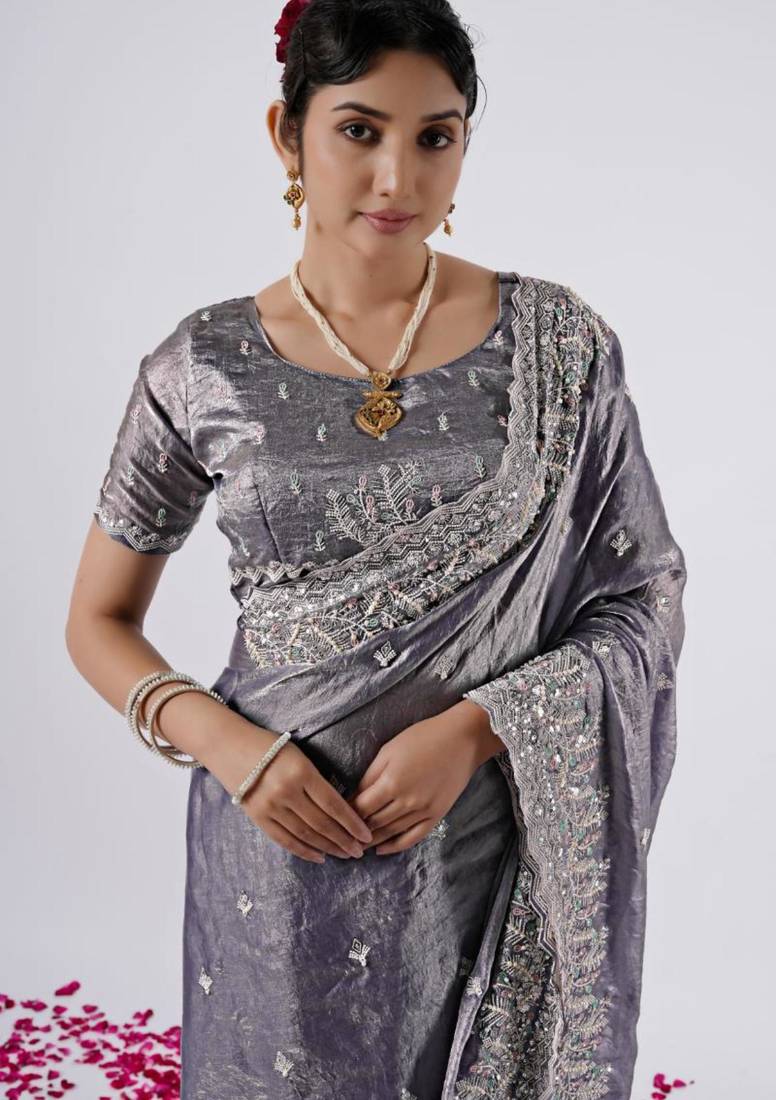 New collection grey hevay sequin and stone border satin saree with unstitched blouse