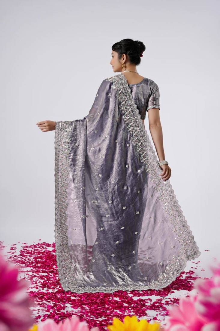New collection grey hevay sequin and stone border satin saree with unstitched blouse
