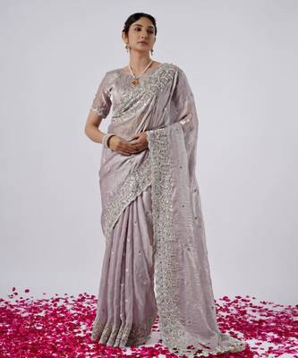 Latest lavendar hevay sequin and stone border satin saree with unstitched blouse 1