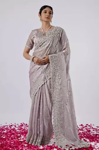 Latest lavendar hevay sequin and stone border satin saree with unstitched blouse