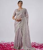 Latest lavendar hevay sequin and stone border satin saree with unstitched blouse