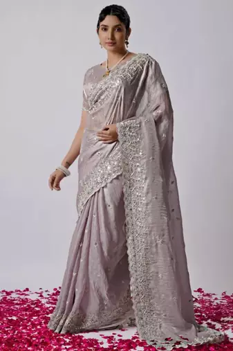 Latest lavendar hevay sequin and stone border satin saree with unstitched blouse