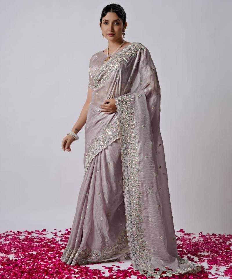 Latest lavendar hevay sequin and stone border satin saree with unstitched blouse
