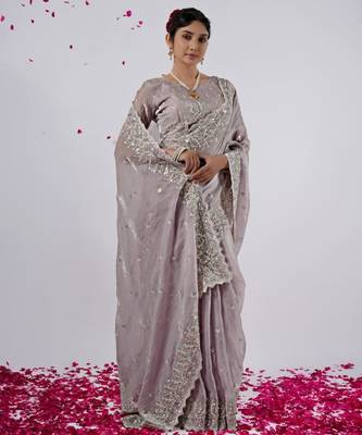 Latest lavendar hevay sequin and stone border satin saree with unstitched blouse 3