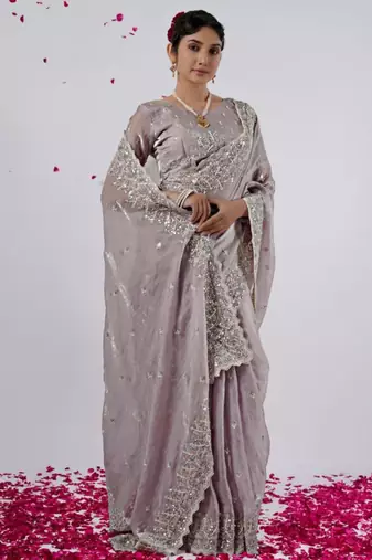 Latest lavendar hevay sequin and stone border satin saree with unstitched blouse