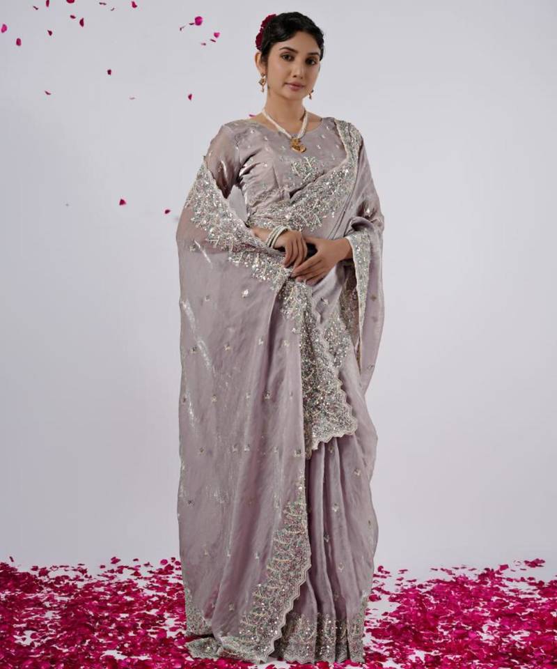Latest lavendar hevay sequin and stone border satin saree with unstitched blouse