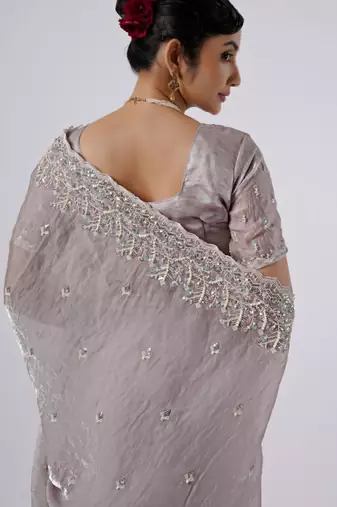 Latest lavendar hevay sequin and stone border satin saree with unstitched blouse