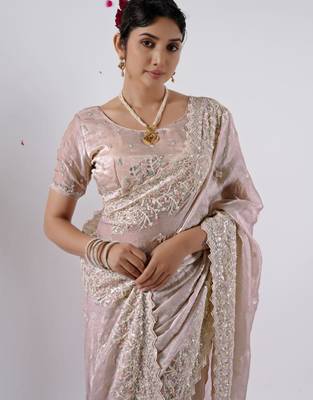 Celebrity inspired peach hevay sequin and stone border satin saree with unstitched blouse 3