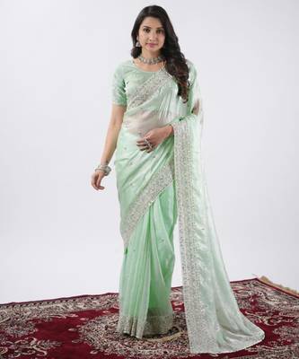 Bollywood pista hevay sequin and stone border satin saree with unstitched blouse 1
