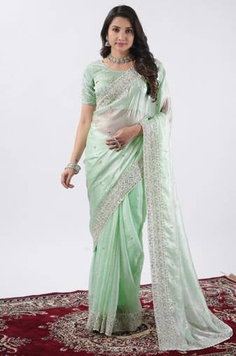 Bollywood pista hevay sequin and stone border satin saree with unstitched blouse