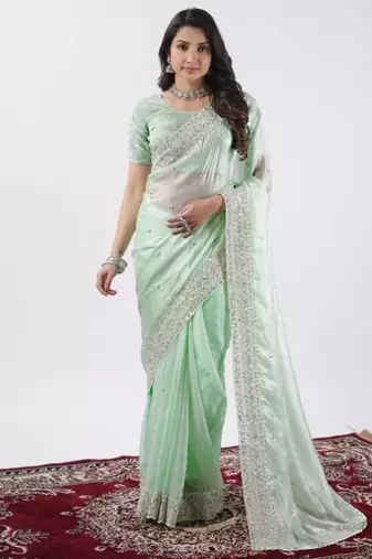 Bollywood pista hevay sequin and stone border satin saree with unstitched blouse