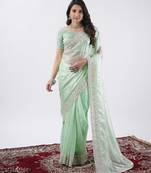 Bollywood pista hevay sequin and stone border satin saree with unstitched blouse