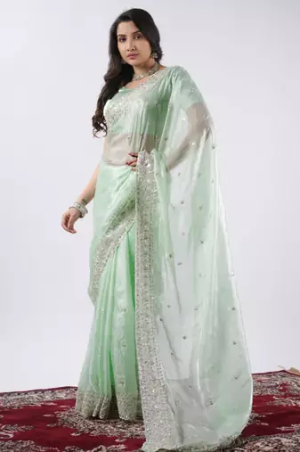 Bollywood pista hevay sequin and stone border satin saree with unstitched blouse