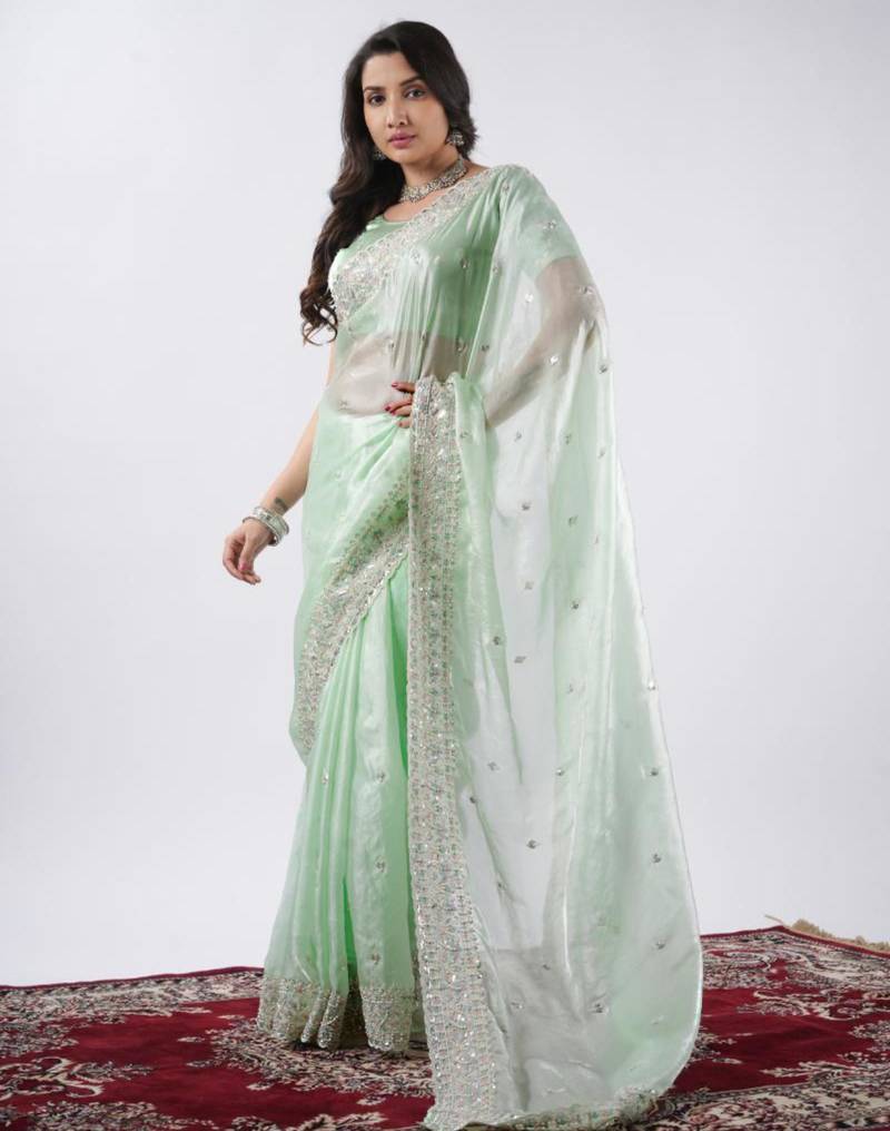Bollywood pista hevay sequin and stone border satin saree with unstitched blouse