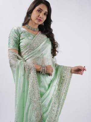 Bollywood pista hevay sequin and stone border satin saree with unstitched blouse 3