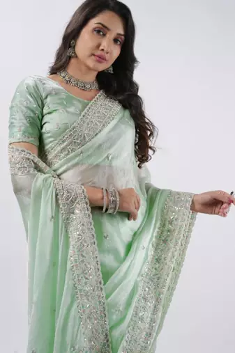 Bollywood pista hevay sequin and stone border satin saree with unstitched blouse