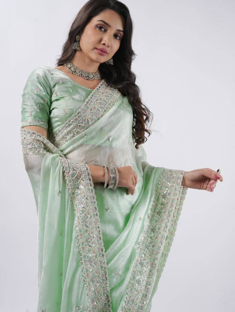 Bollywood pista hevay sequin and stone border satin saree with unstitched blouse