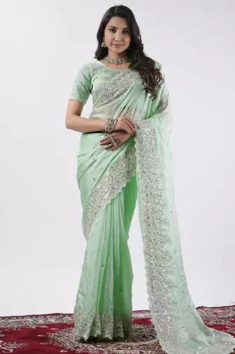 Bollywood pista hevay sequin and stone border satin saree with unstitched blouse