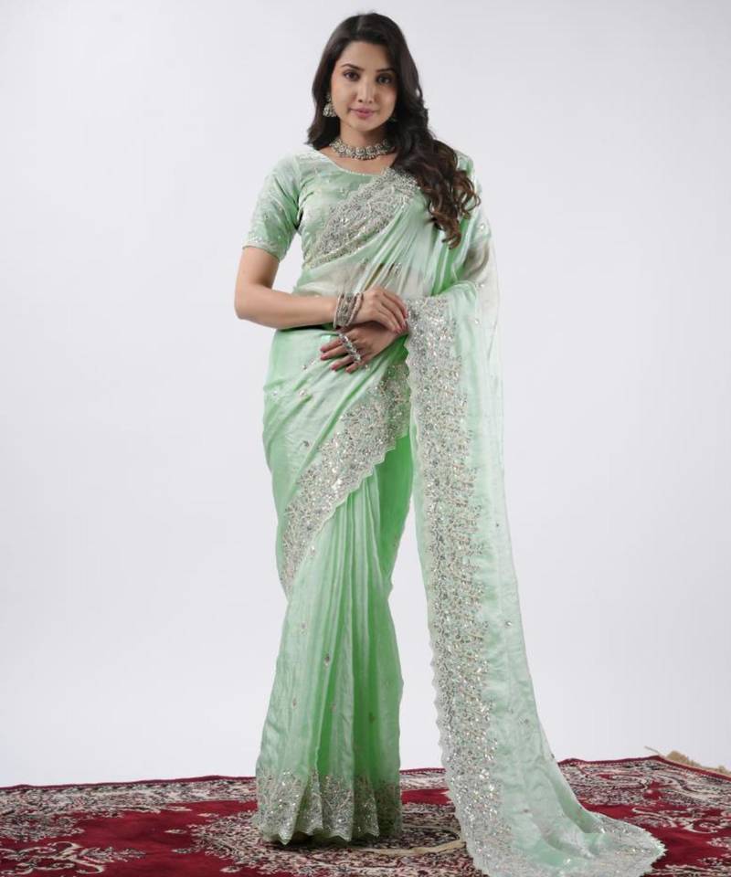 Bollywood pista hevay sequin and stone border satin saree with unstitched blouse