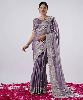 Kanjivaram purple hevay sequin and stone border satin saree with unstitched blouse 1