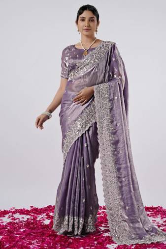 Kanjivaram purple hevay sequin and stone border satin saree with unstitched blouse