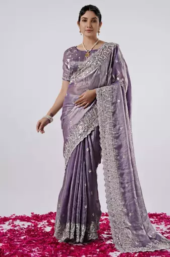Kanjivaram purple hevay sequin and stone border satin saree with unstitched blouse