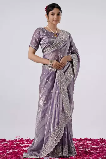 Kanjivaram purple hevay sequin and stone border satin saree with unstitched blouse