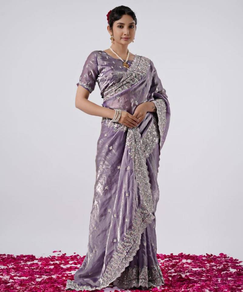 Kanjivaram purple hevay sequin and stone border satin saree with unstitched blouse