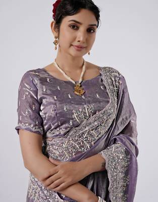 Kanjivaram purple hevay sequin and stone border satin saree with unstitched blouse 3