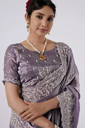 Kanjivaram purple hevay sequin and stone border satin saree with unstitched blouse