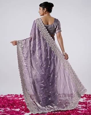 Kanjivaram purple hevay sequin and stone border satin saree with unstitched blouse 4