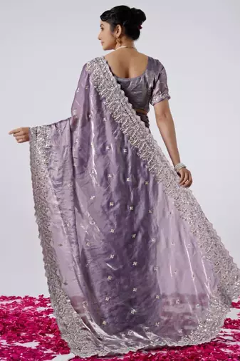 Kanjivaram purple hevay sequin and stone border satin saree with unstitched blouse