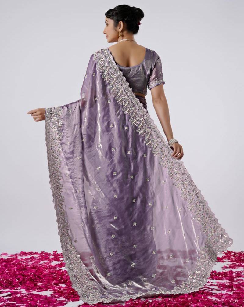 Kanjivaram purple hevay sequin and stone border satin saree with unstitched blouse