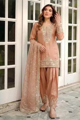 Peach Color Embroidery Sequence Work Silk Blend Salwar Suit