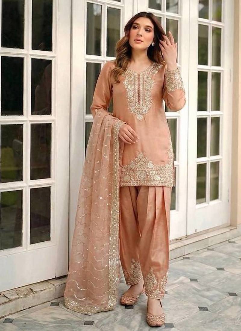 Peach Color Embroidery Sequence Work Silk Blend Salwar Suit