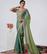 Celebrity type firozi heavy sequin border saree with unstitched blouse