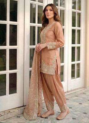 Peach Color Embroidery Sequence Work Silk Blend Salwar Suit 2