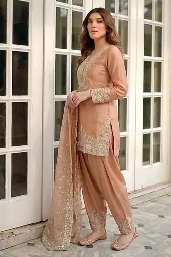 Peach Color Embroidery Sequence Work Silk Blend Salwar Suit