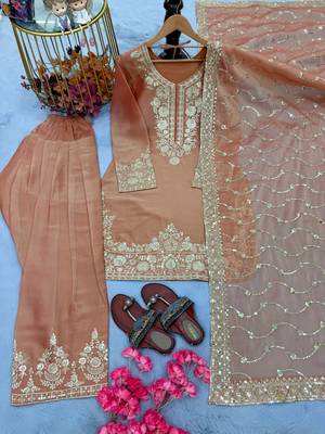Peach Color Embroidery Sequence Work Silk Blend Salwar Suit 3