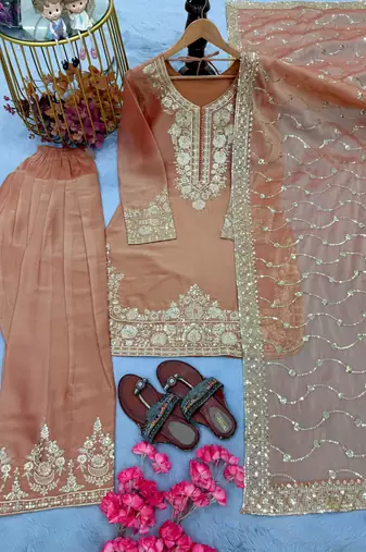 Peach Color Embroidery Sequence Work Silk Blend Salwar Suit