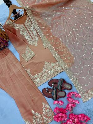 Peach Color Embroidery Sequence Work Silk Blend Salwar Suit 4