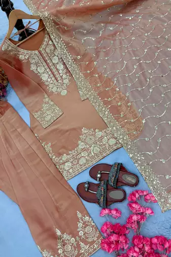 Peach Color Embroidery Sequence Work Silk Blend Salwar Suit