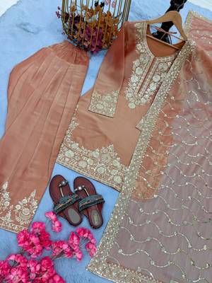 Peach Color Embroidery Sequence Work Silk Blend Salwar Suit 5