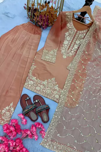 Peach Color Embroidery Sequence Work Silk Blend Salwar Suit