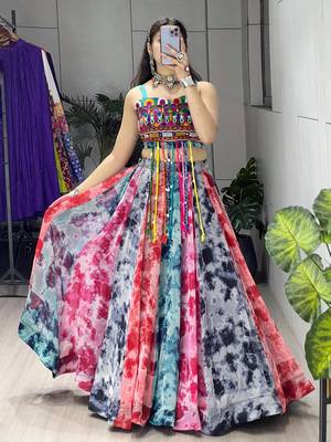 multicolor faux georgette printed traditional lehenga choli with free size upto 44 1