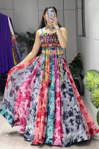 multicolor faux georgette printed traditional lehenga choli with free size upto 44