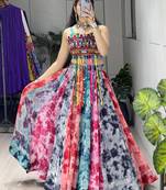 multicolor faux georgette printed traditional lehenga choli with free size upto 44