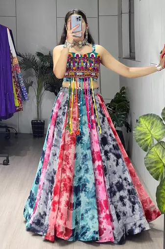 multicolor faux georgette printed traditional lehenga choli with free size upto 44