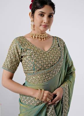 Celebrity type firozi heavy sequin border saree with unstitched blouse 3